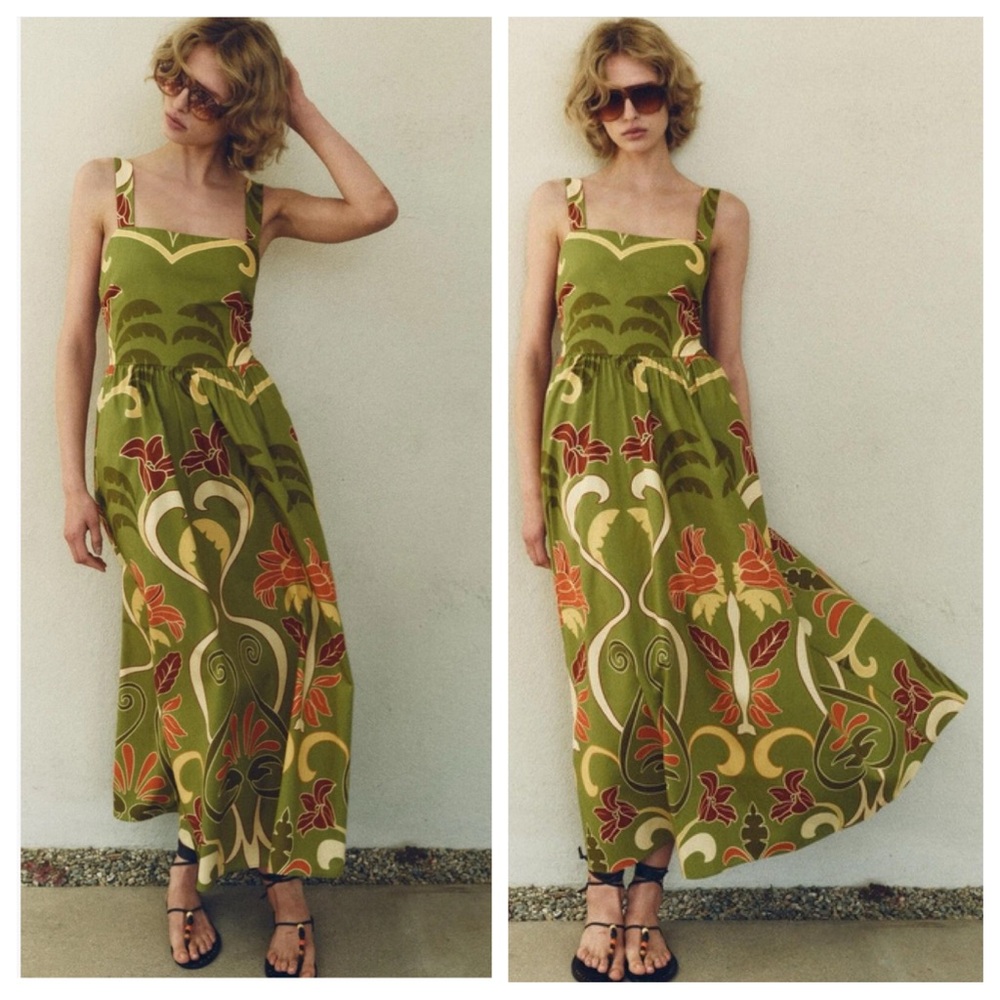 Zara Olive Green Maxi Dress with Red-Orange Floral Print